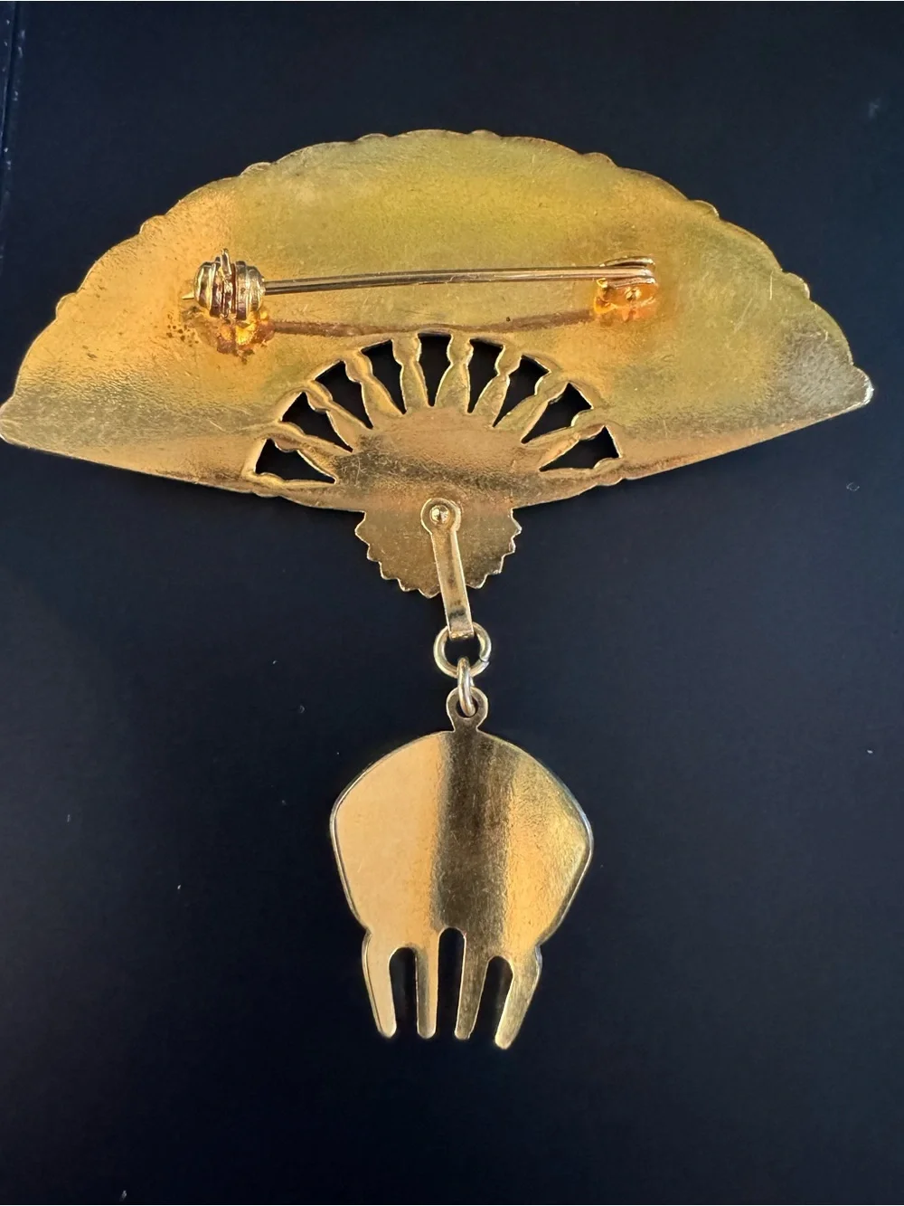 Vintage Gold Tone Fan Brooch - Black Enamel - Dangle Hair Comb - Victorian